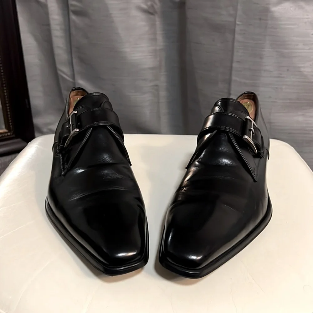 Magnanni Black Leather Monk Strap Loafers
